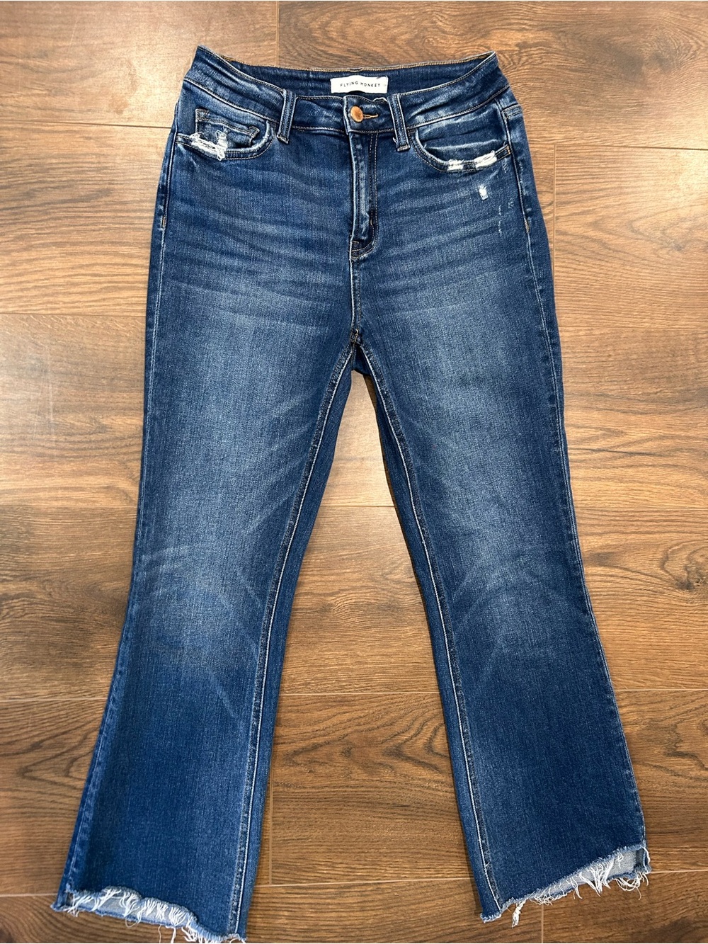 Flying Monkey Women's Dark Blue Flare Jeans with Frayed Hem